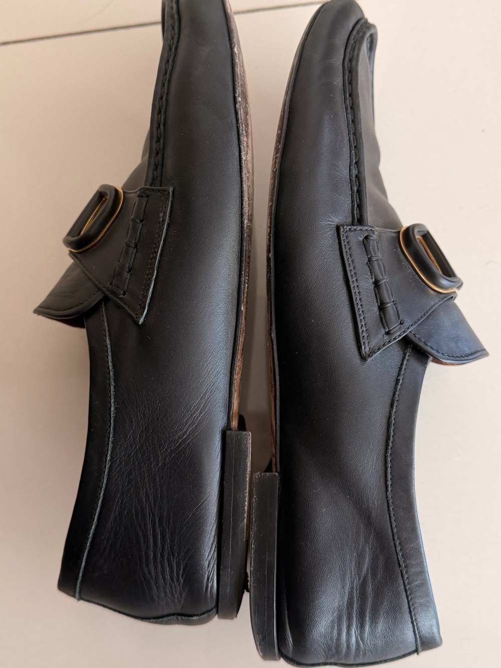 Valentino Garavani Black Leather Slip-On Loafers with Gold V Buckle - Picture 2 of 7
